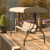 Flash Furniture TLH-007-TAN-GG 3-Seat Outdoor Steel Converting Patio Swing Canopy Hammock with Cushions / Outdoor Swing Bed (Tan)